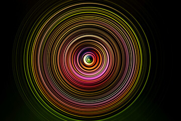 Abstract radial motion blur, multicolored concentric circles in red, pink, green, yellow and orange glowing on deep black background. Vibrant spiral rings, hypnotic energy pattern.