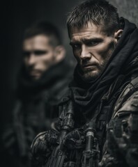 Obraz premium A soldier in tactical gear holds a rifle with an intense, focused expression. Another blurred figure stands behind him in the dark, gritty scene.