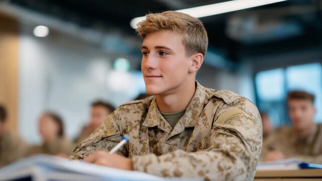Young man in brown camouflage uniform sitting attentively in a military classroom, surrounded by fellow recruits, notebooks and training materials on desks, bright classroom lighti