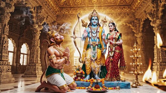 Hindu deities Rama and Sita with devotee in ornate temple