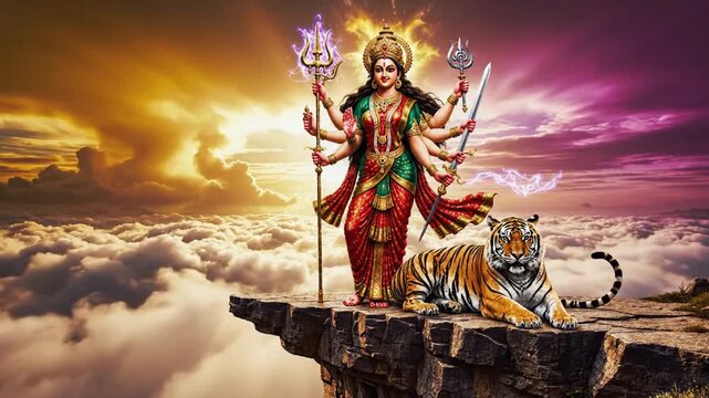 Goddess Durga standing victorious with tiger on cliff at sunrise