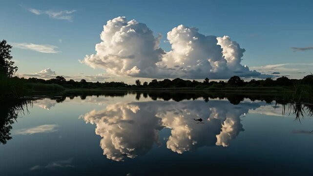 Reflection of large white clouds in a still lake. Blue sky and water mirror effect with reeds. Nature landscape
