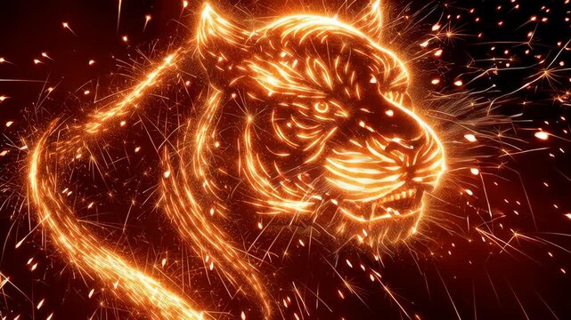 Fiery tiger glowing with bright sparks and fierce roar, intense energy, dynamic light trails creating powerful, 4k video.