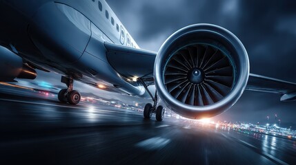 Dynamic Close-Up of Aircraft Engine at Night with Blurred City Lights in Background