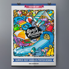Bright hand-drawn doodle poster with beach vacation elements including inflatable rings, umbrella, sunglasses, flip flops, and summer accessories arranged in a colorful composition
