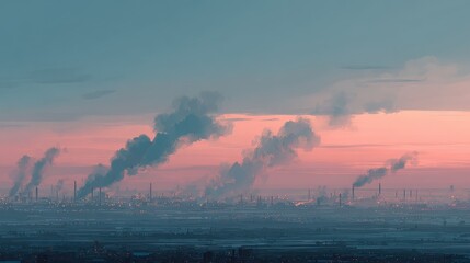 Fototapeta premium Industrial Skyline with Smoke Plumes at Dusk Over a Cityscape in Soft Warm Tones