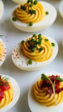 Closeup of delicious deviled eggs garnished with herbs and spices