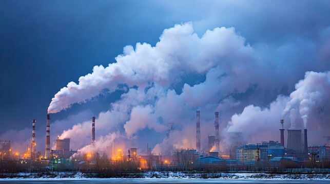 Industrial Landscape with Smoke Emissions from Chimneys at Dusk Under Cloudy Sky