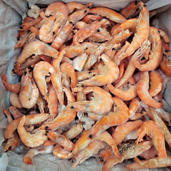 Frozen prawns, seafood in a supermarket