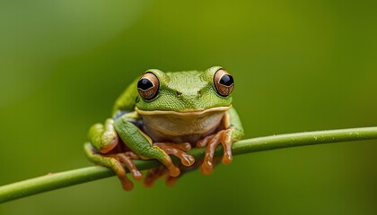 Obraz premium Cute green tree frog sitting on a leaf closeup