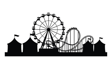 Black silhouette of an amusement park with a ferris wheel and roller coaster