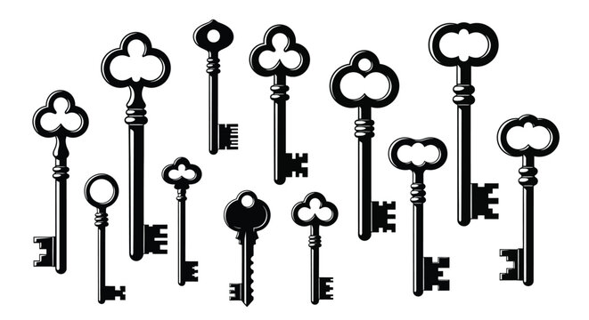 Collection of antique keys in a black and white illustrative style