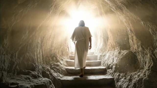 Jesus Christ Risen from the Dead, walking out of a stone tomb toward bright light, resurrection symbolizing hope, renewal, and new life, Easter holiday concept
