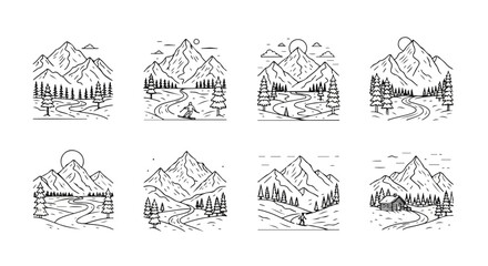 Eight distinct black and white illustrations of mountains and landscapes Vector
