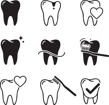 Dental health icons featuring silhouette teeth with various treatments and symbols