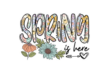 Spring is here text with flowers and smiley face pattern isolated on transparent background