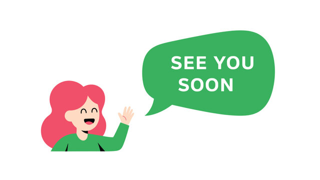 Cheerful cartoon girl with pink hair waving goodbye with a friendly 'See You Soon' message in a green speech bubble.