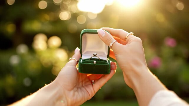 Female hands opening a green velvet box to reveal a sparkling diamond engagement ring at sunset. Romantic and celebratory mood. Perfect for wedding, proposal or gift advertisement content.