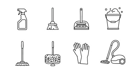 A collection of cleaning tools and supplies for maintaining a tidy home. Vector