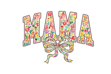 Floral patterned word mama with bow illustration isolated on transparent background