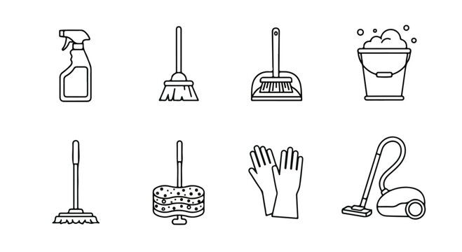 A collection of cleaning tools and supplies for maintaining a tidy home. Vector