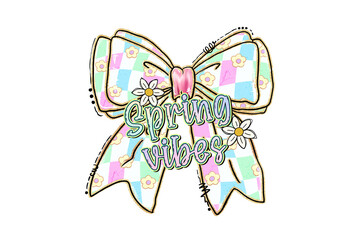 Pastel gingham spring vibes bow with flowers illustration isolated on transparent background
