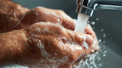 Fototapeta premium Person washing their hands under running water with soap bubbles emphasizing hygiene and cleanliness for health and wellness prevention practices