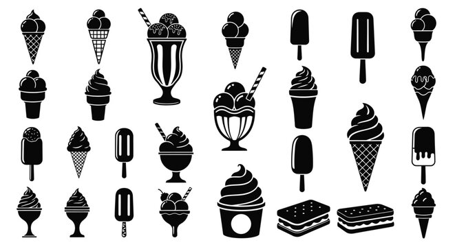 A collection of black silhouette ice cream and frozen dessert icons