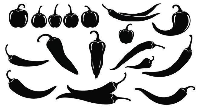 Collection of various black silhouette chili peppers in different shapes