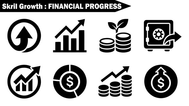 Skrill growth financial progress icon set with bar charts and arrow symbols vector illustration.