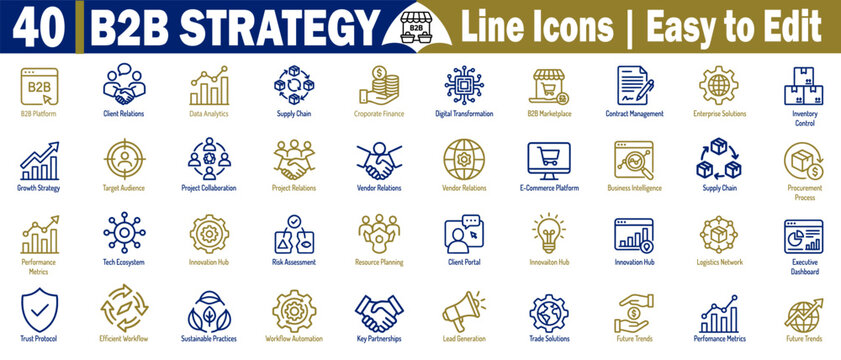Corporate b2b strategy line icons. Collection of supply chain and relations set vector illustration.