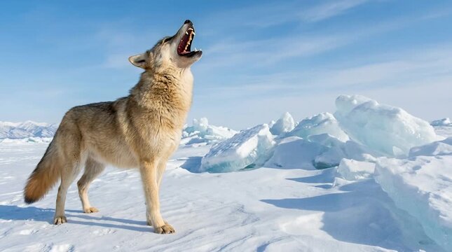 Arctic Wolf Howling in Snowy Wilderness with Ice Formations Under Clear Blue Sky
