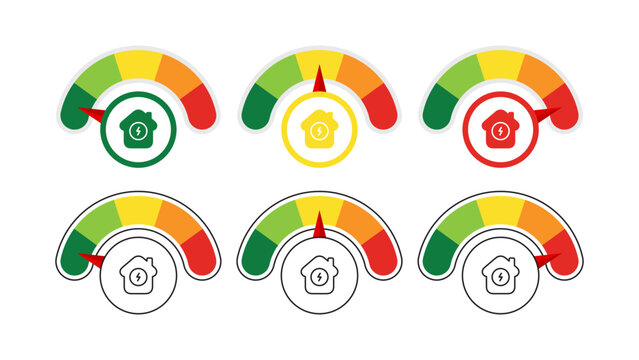 Energy efficiency rating gauges for homes with different scores from excellent to poor