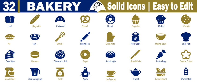 Bakery vector icons. solid editable glyph signs. Food and drink set vector illustration.