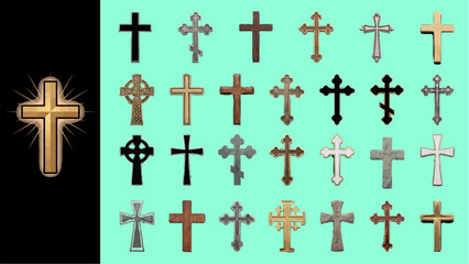 Fototapeta premium Collection of Christian crosses in various styles and materials, vector illustration.