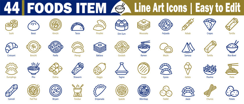 Food item line art icons in blue and gold on a grid vector illustration.