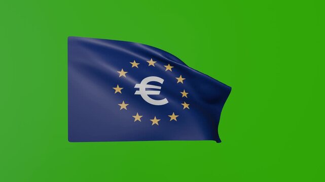 European Union Flag with Euro Symbol Waving on Green Background