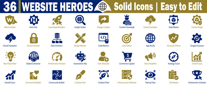 Website heroes solid icons, web icon hero launch insight enable content vector illustration.