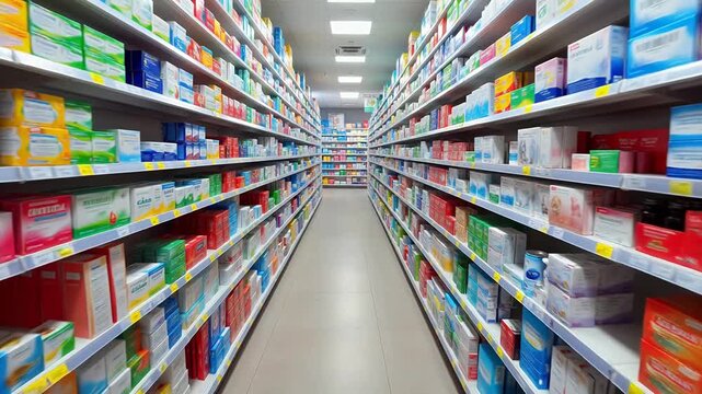 Pharmacy aisle with colorful medicine boxes