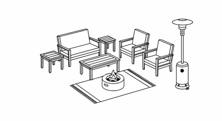 Outdoor patio set with cushioned furniture and heater Vector