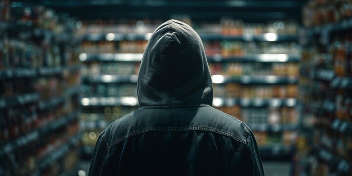 A hooded figure dexterous shoplifter, stands in a dim, endless supermarket aisle, back to the viewer. The scene suggests anonymity, consumerism, or quiet unease in modern isolation.