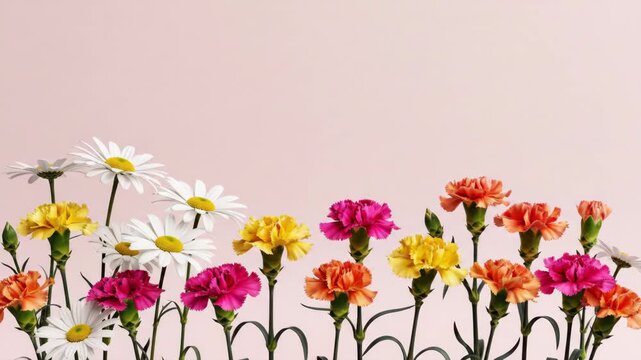 Colorful Flower Border on Pink Background - Floral Design, Spring Bloom