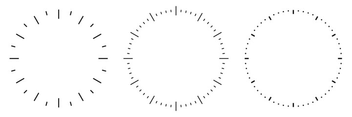 Blank clock face template with hour and minute markers. Analog clock dial with a precise time scale. Collection of clock faces isolated on a transparent background. Vector