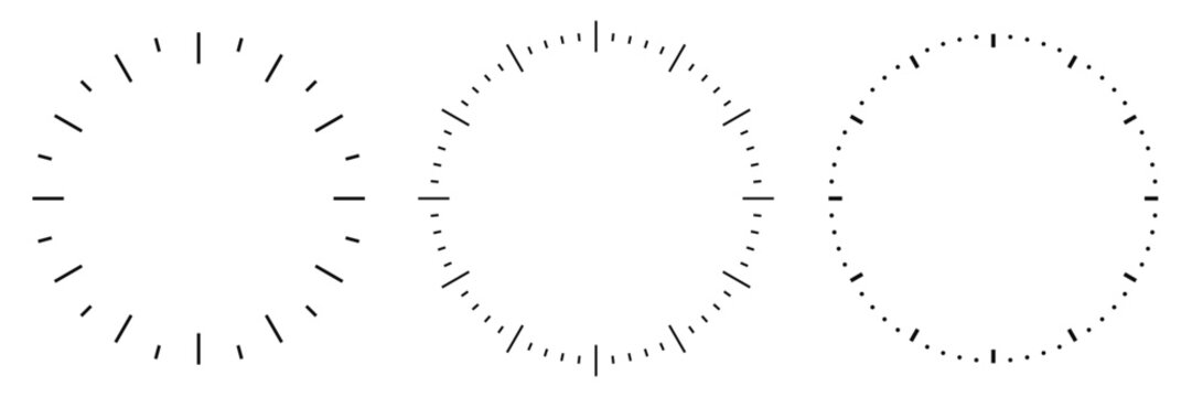 Blank clock face template with hour and minute markers. Analog clock dial with a precise time scale. Collection of clock faces isolated on a transparent background. Vector