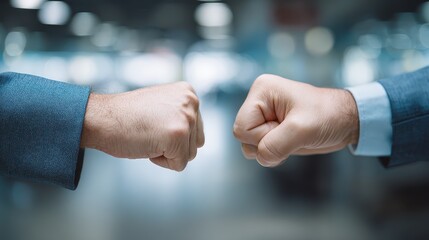 Fototapeta premium Business Collaboration Concept with Two Men Tapping Fists in Modern Office Environment