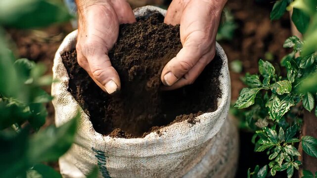 Hands holding soil from a burlap sack in a garden setting