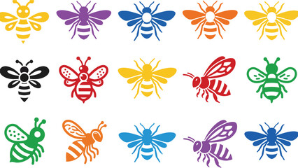 Collection of colorful bee illustrations in various styles and colors