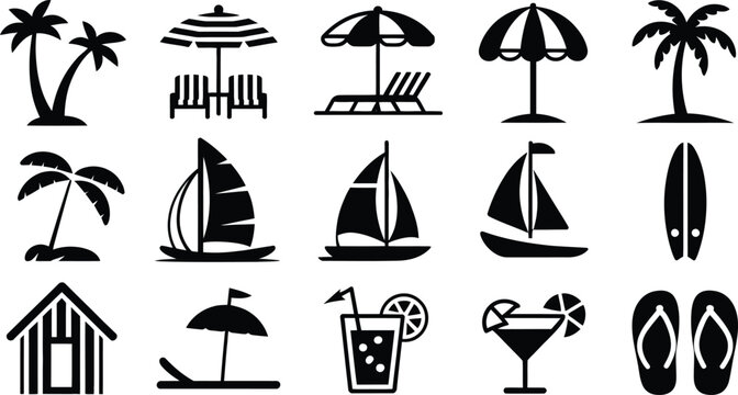 Black beach icons set including palm trees sailboats umbrellas and tropical drinks on white background for summer and vacation themes
