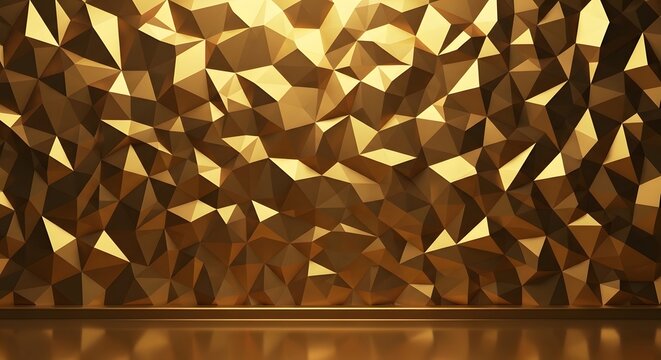 Low poly faceted gold wall with reflective floor close up low angle ambient studio lighting geometric pattern luxury interior backdrop dramatic warm highlights and sculptural depth