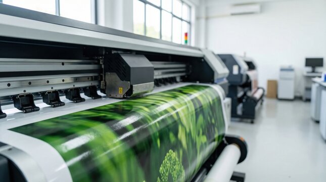 Large format printer printing green banner in print shop